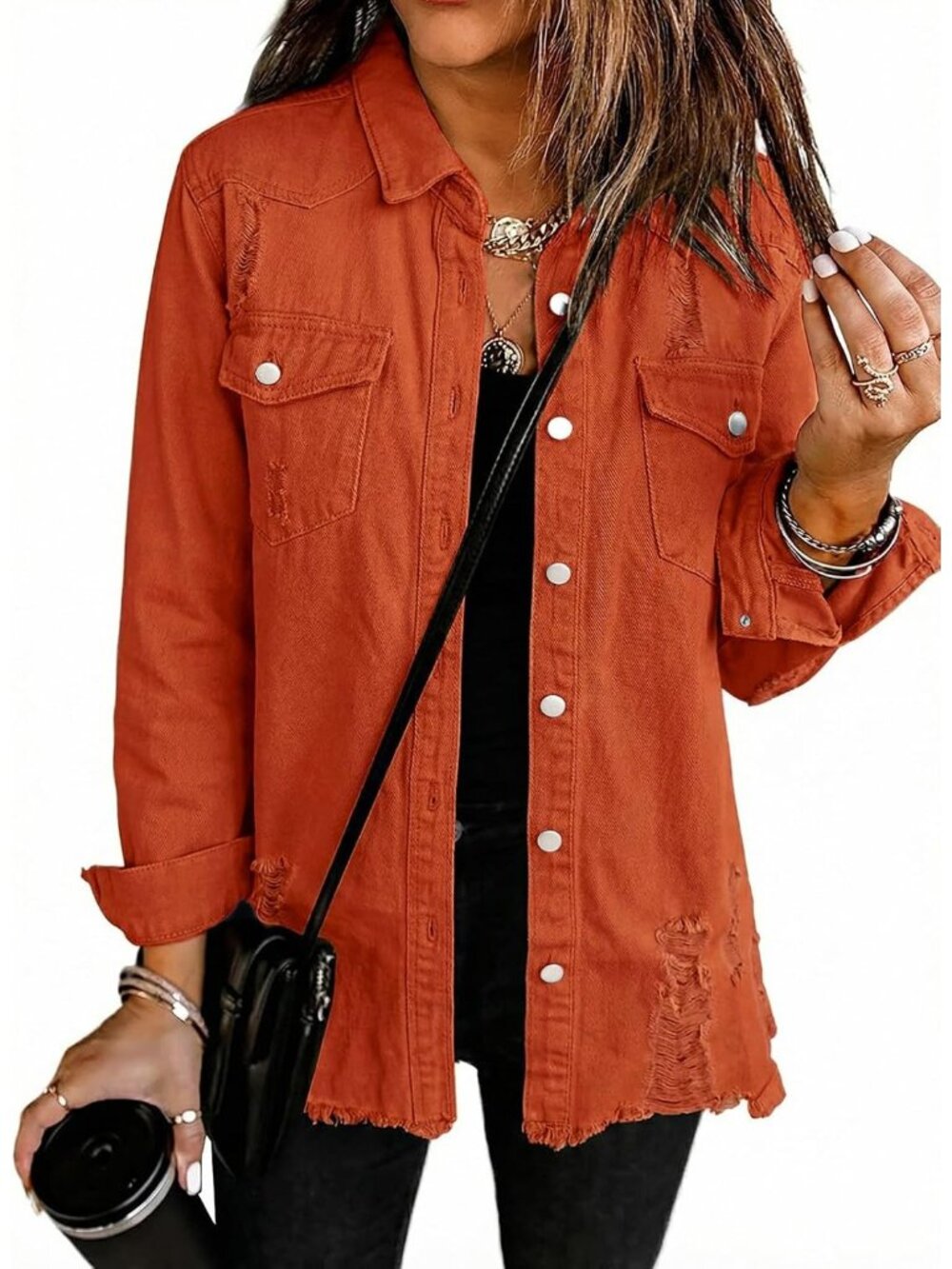 Women's Camel Button Down Oversized Distressed Boyfriend Jean Jacket Fall Outfit
